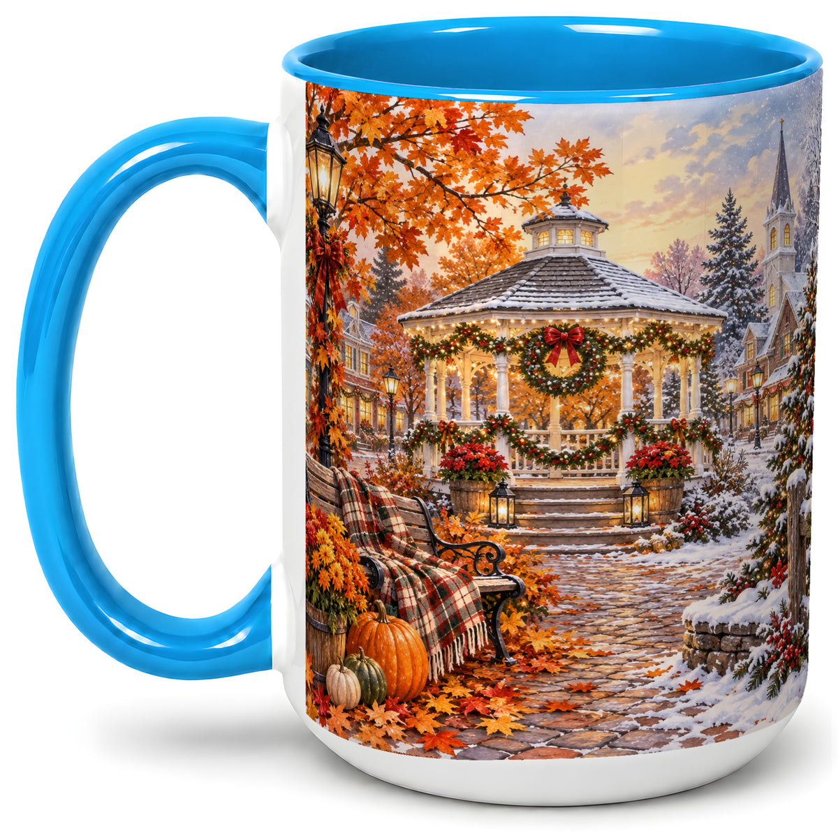 #pl[15oz|Blue] Autumn Christmas Village Ceramic Mug, Snowy Gazebo Landscape