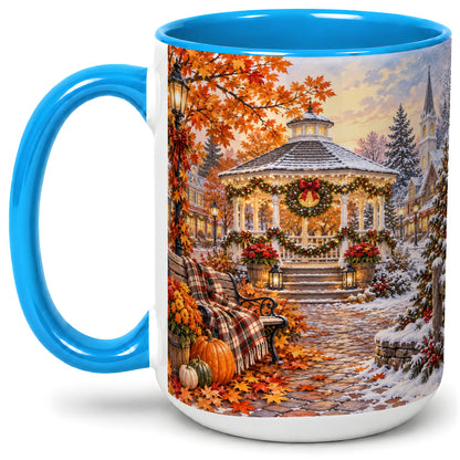 #pl[15oz|Blue] Autumn Christmas Village Ceramic Mug, Snowy Gazebo Landscape