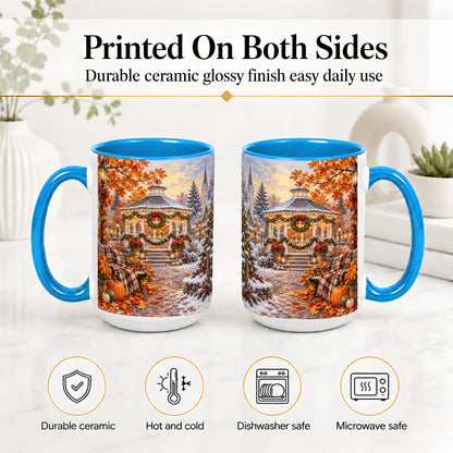 #pl[15oz|Blue] Autumn Christmas Village Ceramic Mug, Snowy Gazebo Landscape