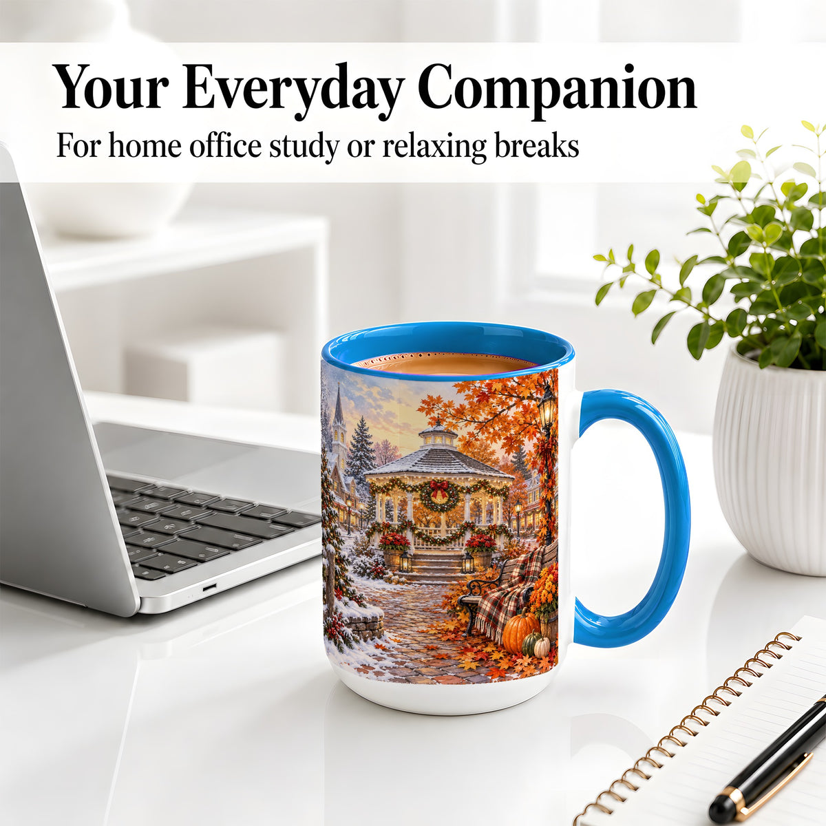 #pl[15oz|Blue] Autumn Christmas Village Ceramic Mug, Snowy Gazebo Landscape
