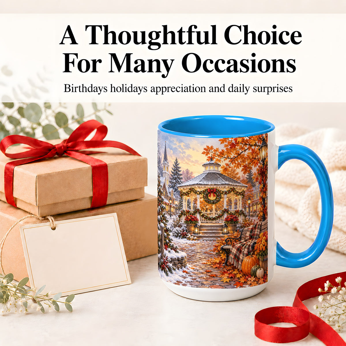 #pl[15oz|Blue] Autumn Christmas Village Ceramic Mug, Snowy Gazebo Landscape