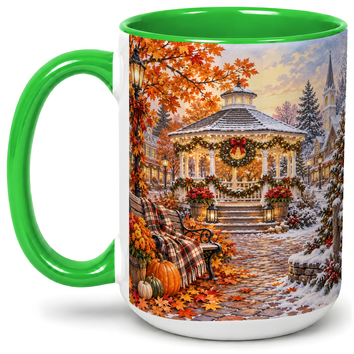 #pl[15oz|Green] Autumn Christmas Village Ceramic Mug, Snowy Gazebo Landscape