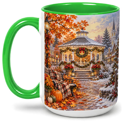 #pl[15oz|Green] Autumn Christmas Village Ceramic Mug, Snowy Gazebo Landscape