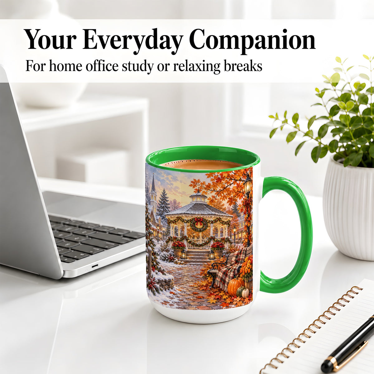 #pl[15oz|Green] Autumn Christmas Village Ceramic Mug, Snowy Gazebo Landscape