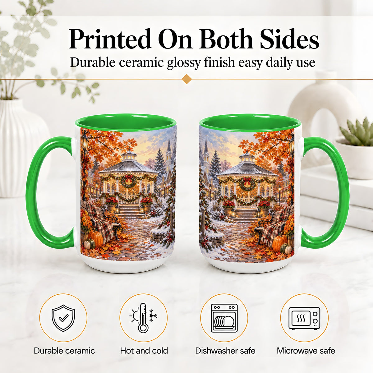 #pl[15oz|Green] Autumn Christmas Village Ceramic Mug, Snowy Gazebo Landscape