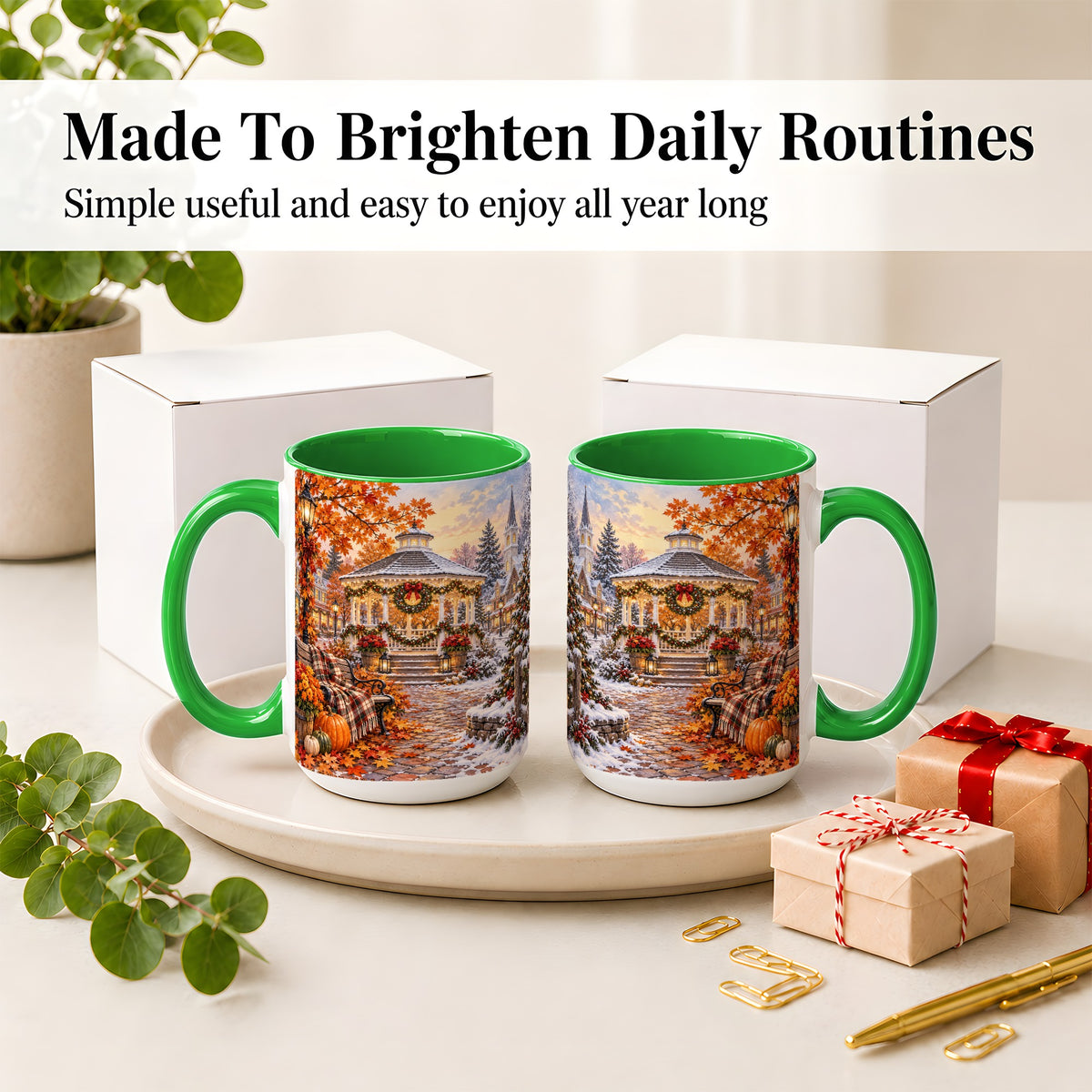 #pl[15oz|Green] Autumn Christmas Village Ceramic Mug, Snowy Gazebo Landscape