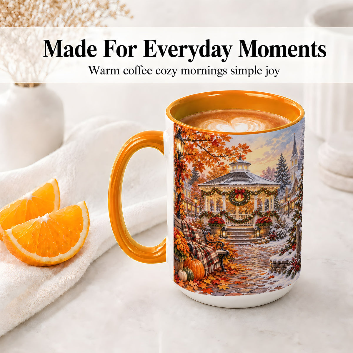 #pl[15oz|Orange] Autumn Christmas Village Ceramic Mug, Snowy Gazebo Landscape
