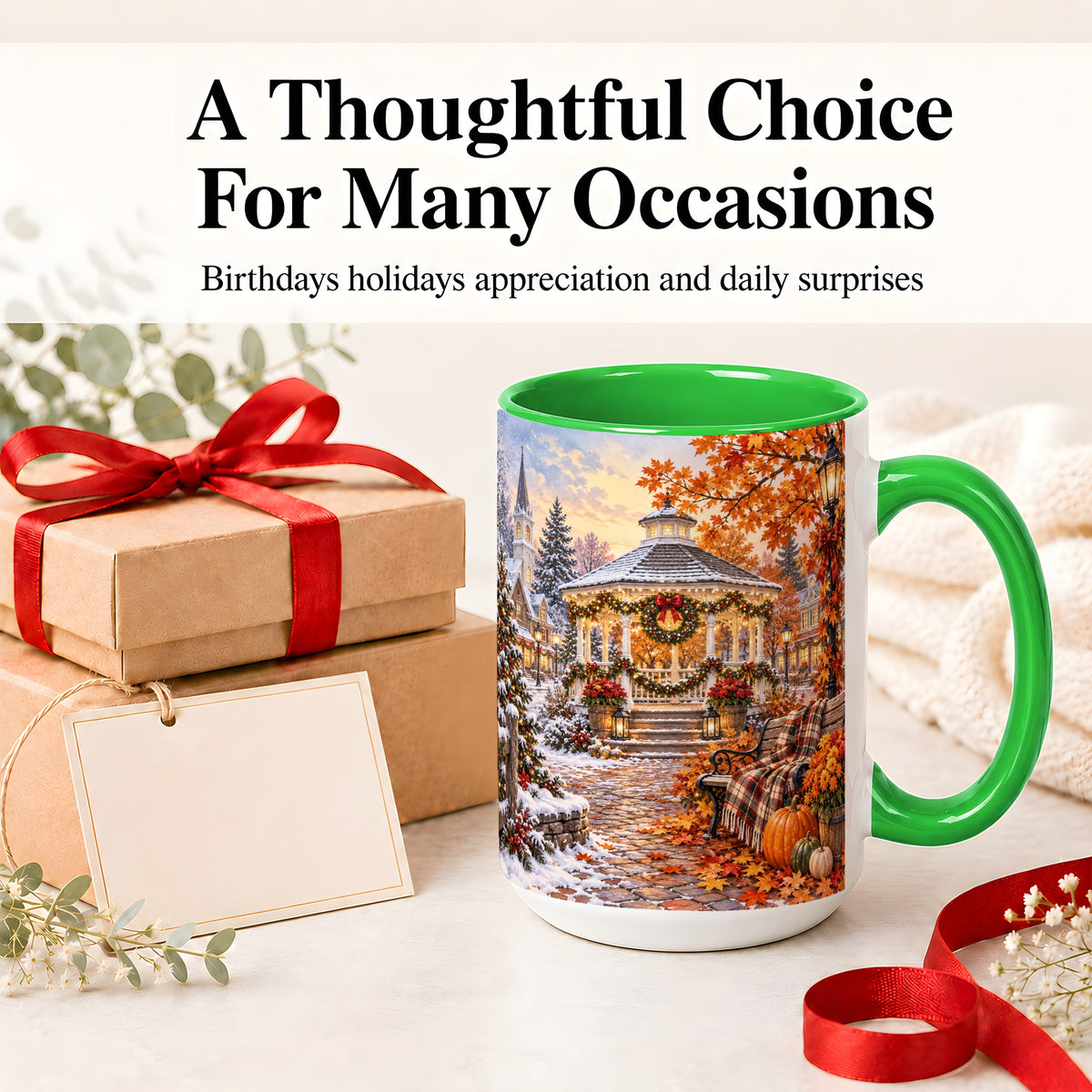#pl[15oz|Green] Autumn Christmas Village Ceramic Mug, Snowy Gazebo Landscape