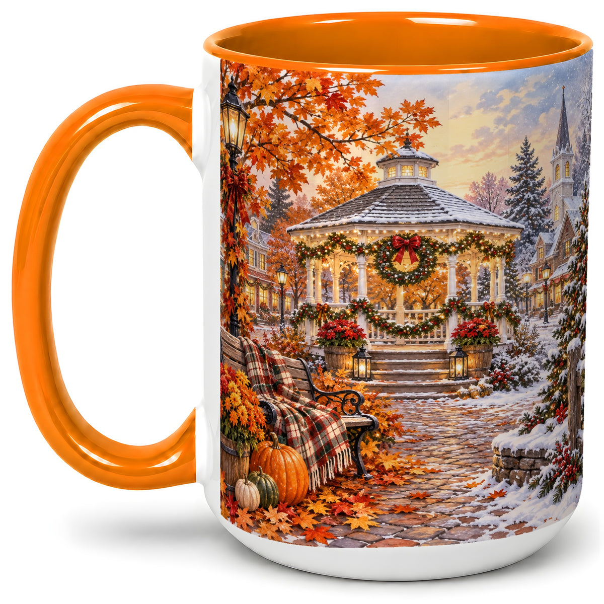 #pl[15oz|Orange] Autumn Christmas Village Ceramic Mug, Snowy Gazebo Landscape