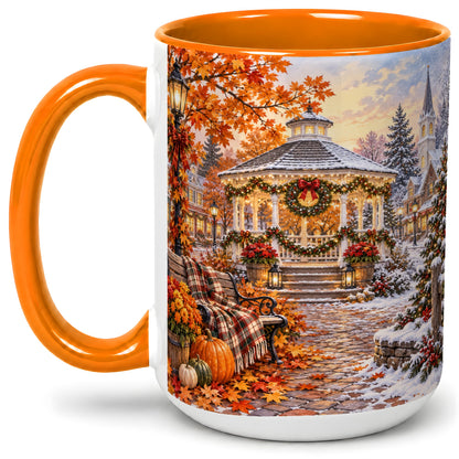 #pl[15oz|Orange] Autumn Christmas Village Ceramic Mug, Snowy Gazebo Landscape