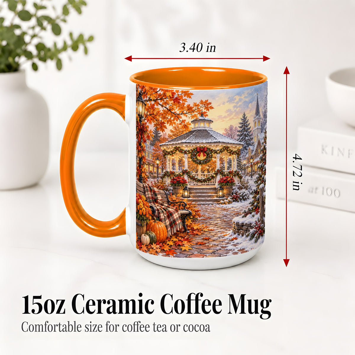 #pl[15oz|Orange] Autumn Christmas Village Ceramic Mug, Snowy Gazebo Landscape