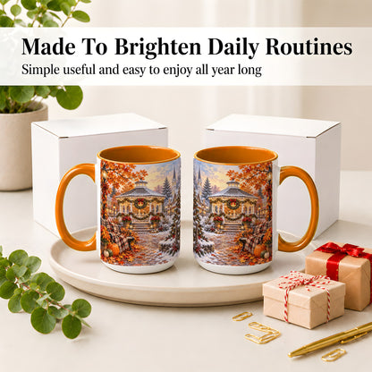 #pl[15oz|Orange] Autumn Christmas Village Ceramic Mug, Snowy Gazebo Landscape