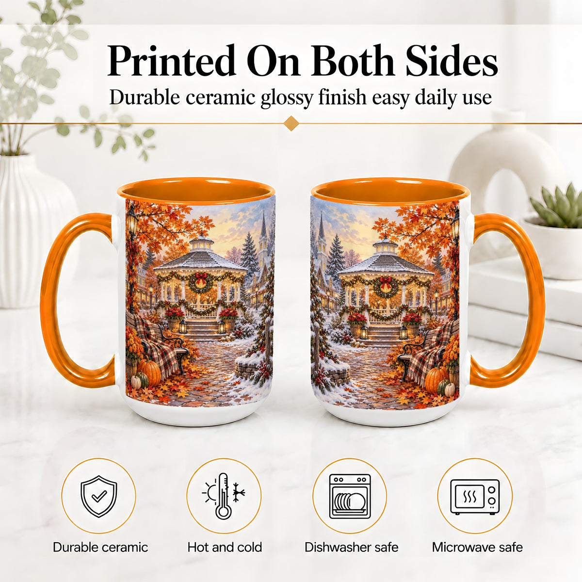 #pl[15oz|Orange] Autumn Christmas Village Ceramic Mug, Snowy Gazebo Landscape