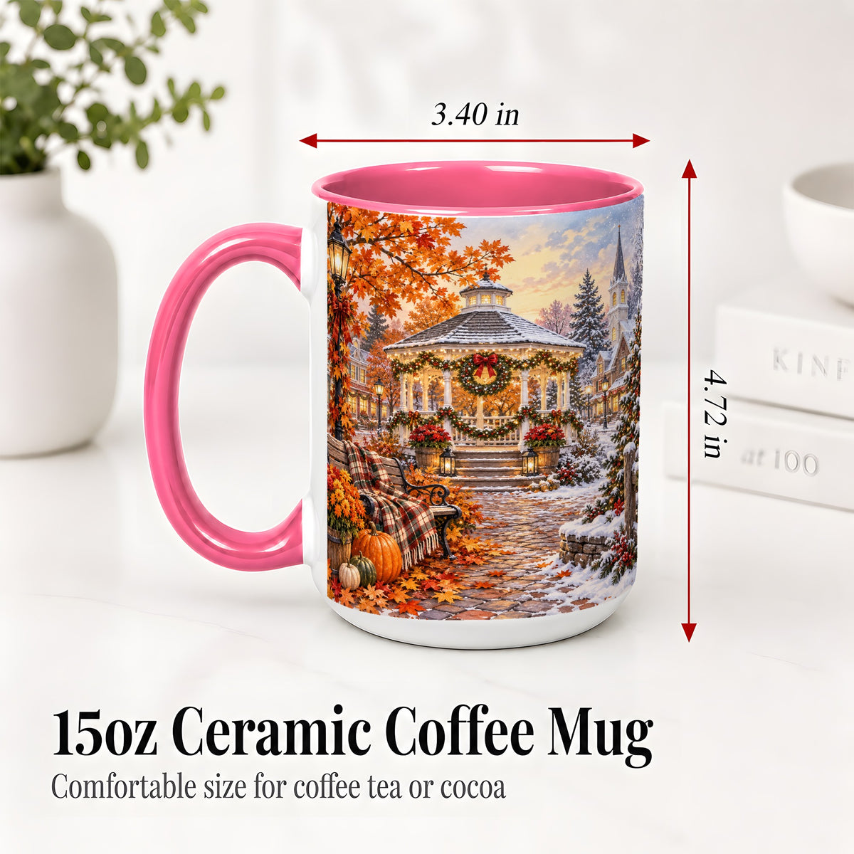 #pl[15oz|Pink] Autumn Christmas Village Ceramic Mug, Snowy Gazebo Landscape