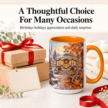 #pl[15oz|Orange] Autumn Christmas Village Ceramic Mug, Snowy Gazebo Landscape