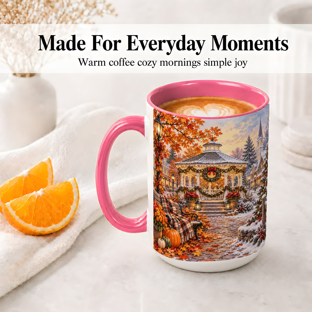 #pl[15oz|Pink] Autumn Christmas Village Ceramic Mug, Snowy Gazebo Landscape