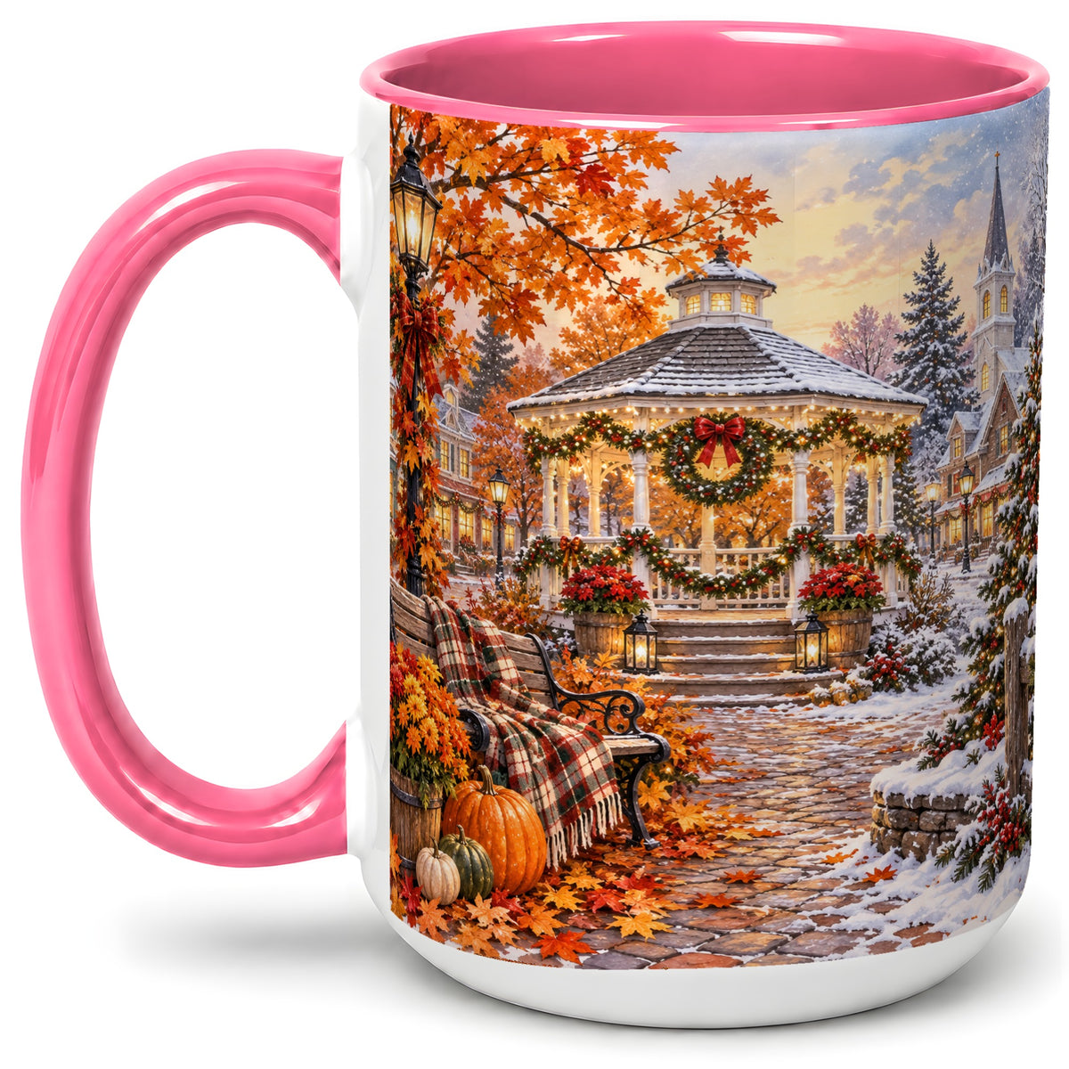 #pl[15oz|Pink] Autumn Christmas Village Ceramic Mug, Snowy Gazebo Landscape