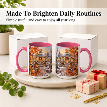 #pl[15oz|Pink] Autumn Christmas Village Ceramic Mug, Snowy Gazebo Landscape