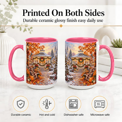 #pl[15oz|Pink] Autumn Christmas Village Ceramic Mug, Snowy Gazebo Landscape