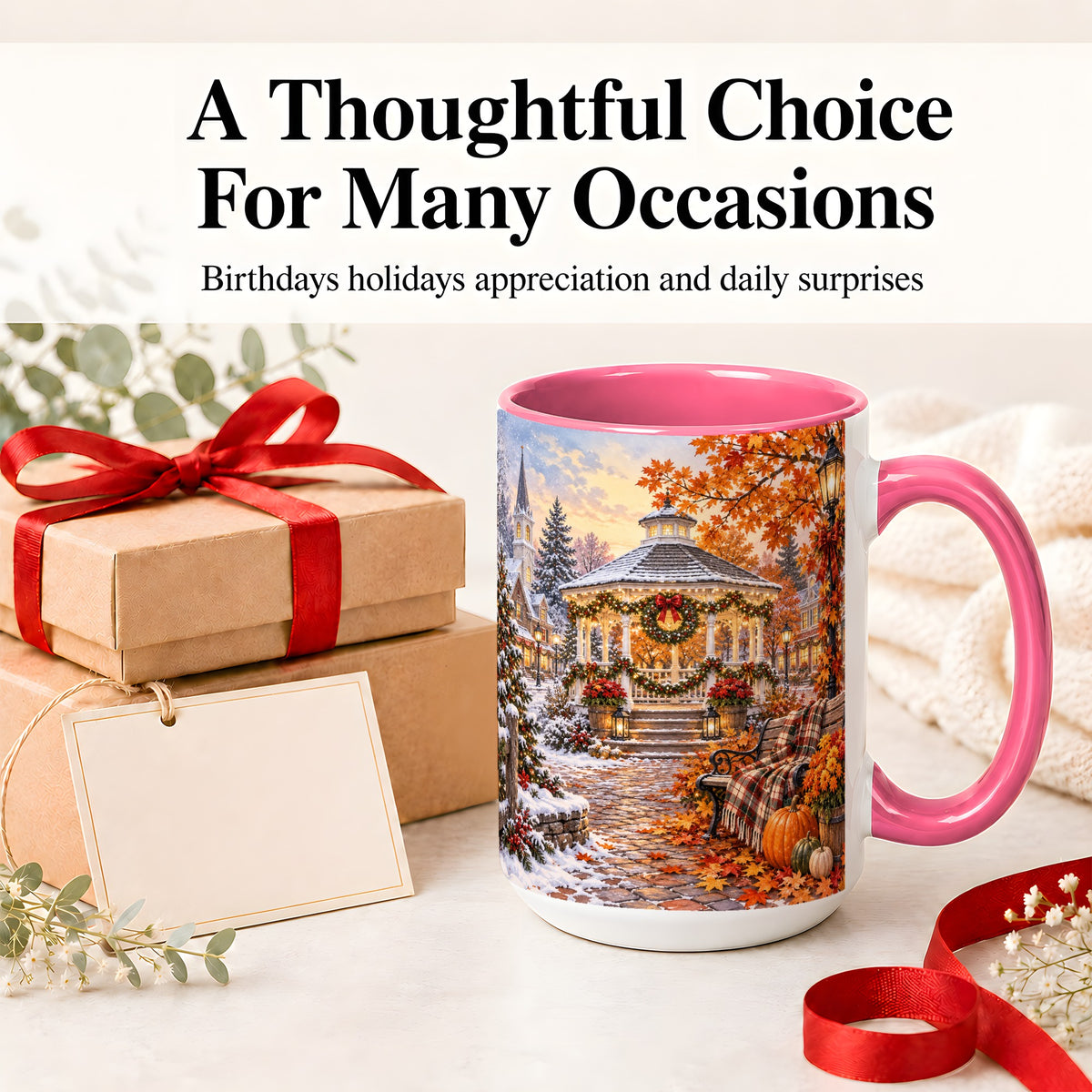 #pl[15oz|Pink] Autumn Christmas Village Ceramic Mug, Snowy Gazebo Landscape