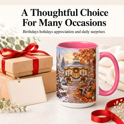 #pl[15oz|Pink] Autumn Christmas Village Ceramic Mug, Snowy Gazebo Landscape
