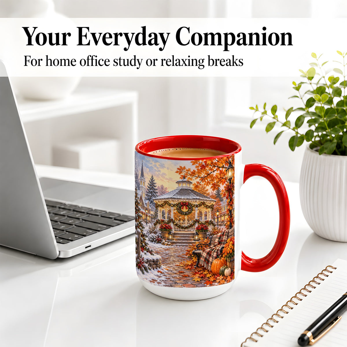 #pl[15oz|Red] Autumn Christmas Village Ceramic Mug, Snowy Gazebo Landscape