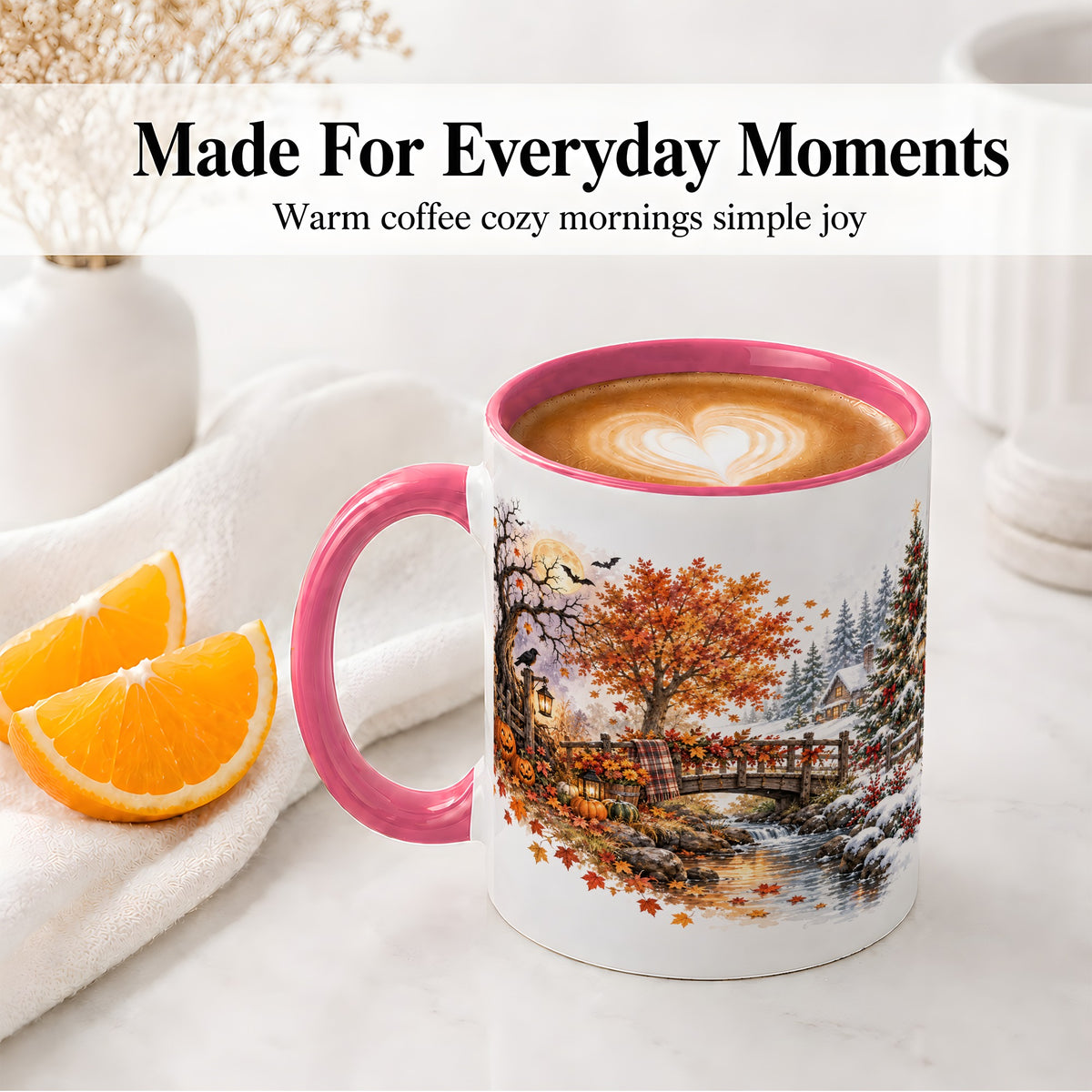 #pl[11oz|Pink] Fall Christmas Landscape Ceramic Mug, Seasonal Village Artwork