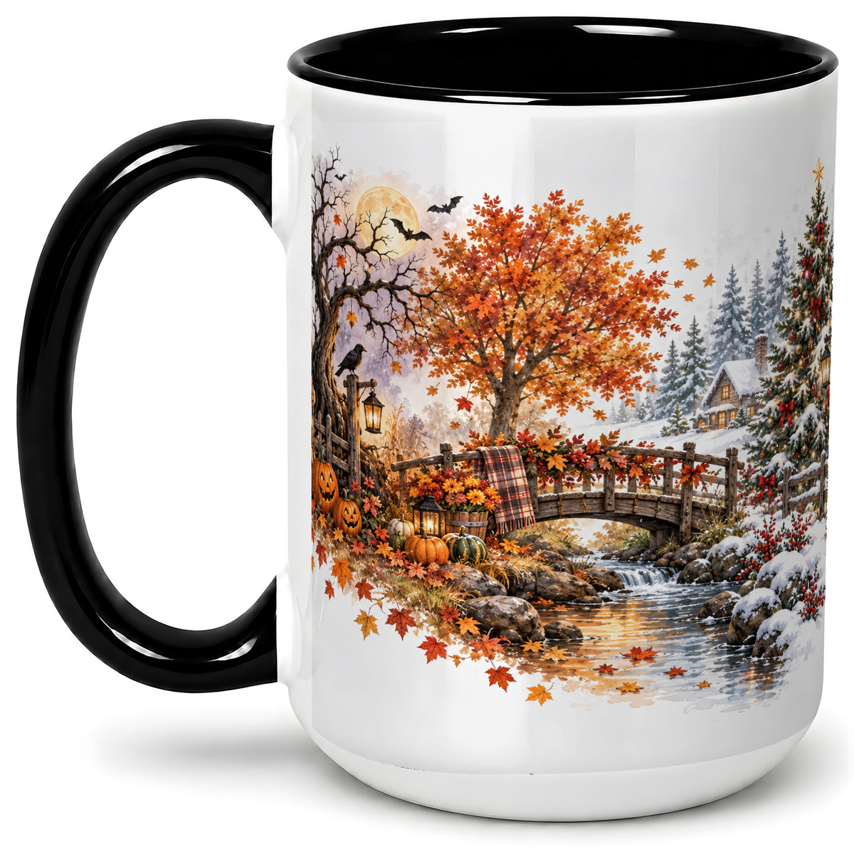 #pl[15oz|Black] Fall Christmas Landscape Ceramic Mug, Seasonal Village Artwork