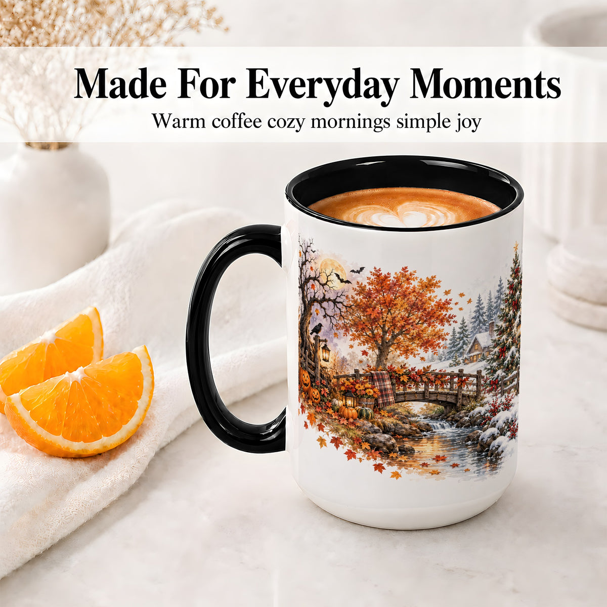 #pl[15oz|Black] Fall Christmas Landscape Ceramic Mug, Seasonal Village Artwork