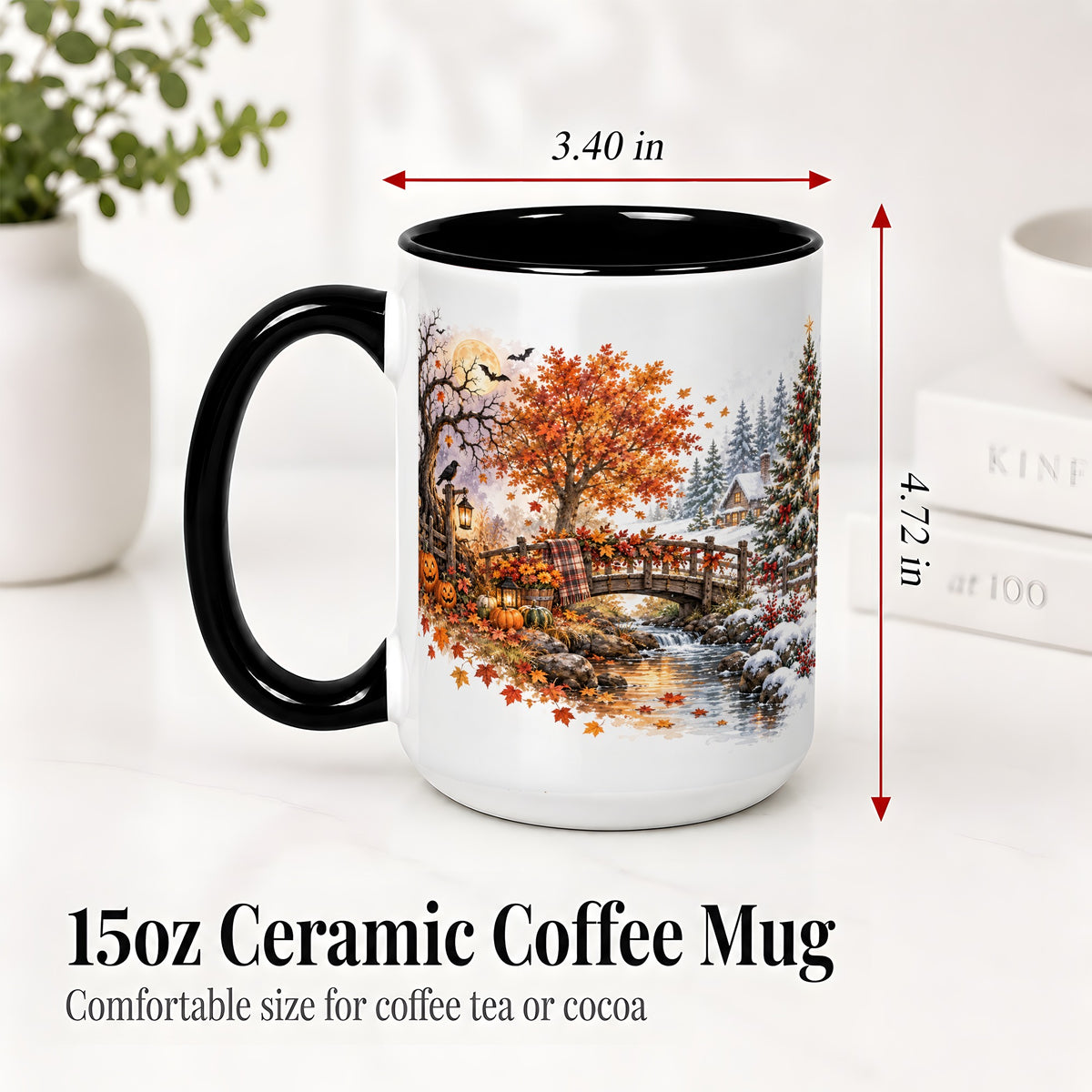 #pl[15oz|Black] Fall Christmas Landscape Ceramic Mug, Seasonal Village Artwork