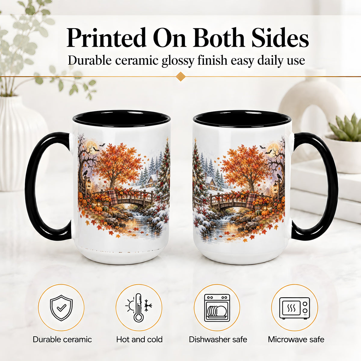 #pl[15oz|Black] Fall Christmas Landscape Ceramic Mug, Seasonal Village Artwork