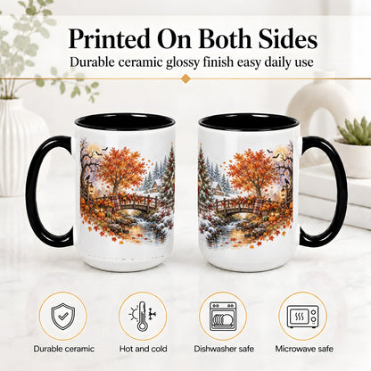 #pl[15oz|Black] Fall Christmas Landscape Ceramic Mug, Seasonal Village Artwork