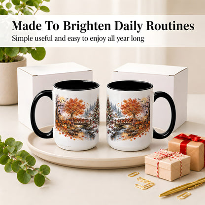 #pl[15oz|Black] Fall Christmas Landscape Ceramic Mug, Seasonal Village Artwork