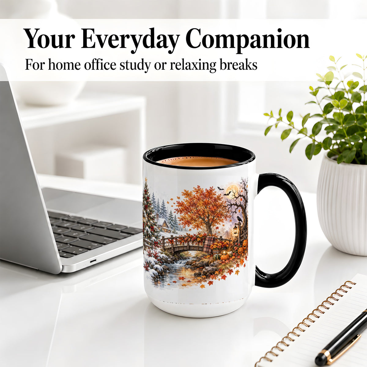 #pl[15oz|Black] Fall Christmas Landscape Ceramic Mug, Seasonal Village Artwork