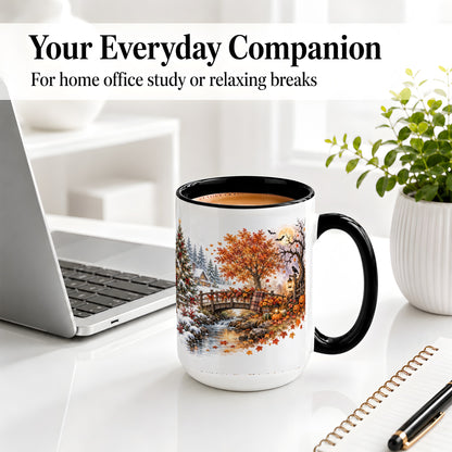 #pl[15oz|Black] Fall Christmas Landscape Ceramic Mug, Seasonal Village Artwork