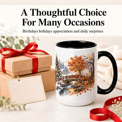#pl[15oz|Black] Fall Christmas Landscape Ceramic Mug, Seasonal Village Artwork