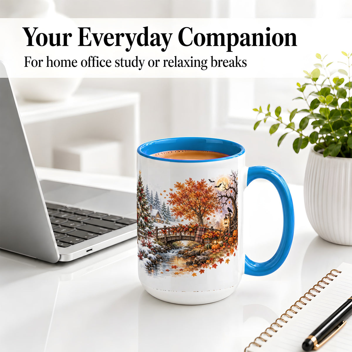 #pl[15oz|Blue] Fall Christmas Landscape Ceramic Mug, Seasonal Village Artwork