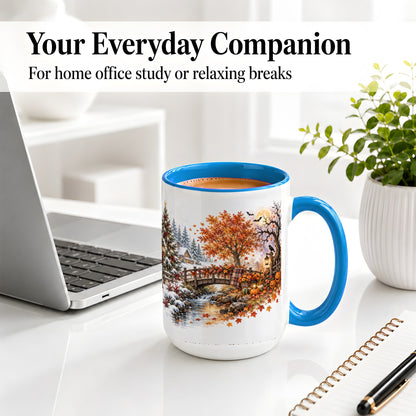 #pl[15oz|Blue] Fall Christmas Landscape Ceramic Mug, Seasonal Village Artwork