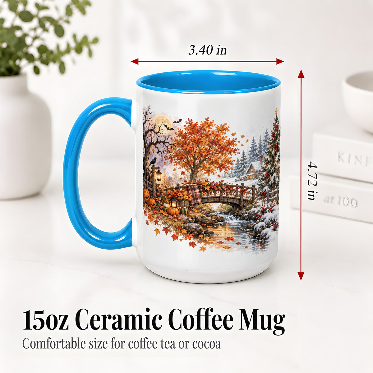 #pl[15oz|Blue] Fall Christmas Landscape Ceramic Mug, Seasonal Village Artwork