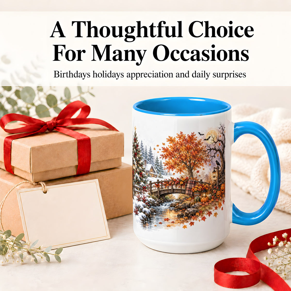 #pl[15oz|Blue] Fall Christmas Landscape Ceramic Mug, Seasonal Village Artwork