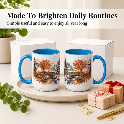 #pl[15oz|Blue] Fall Christmas Landscape Ceramic Mug, Seasonal Village Artwork