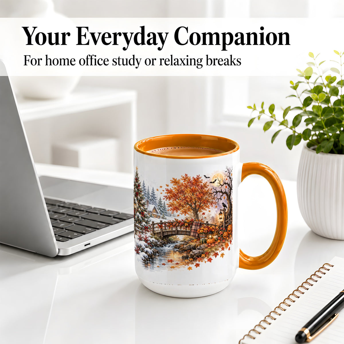 #pl[15oz|Orange] Fall Christmas Landscape Ceramic Mug, Seasonal Village Artwork
