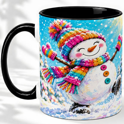 #pl[11oz|Black] Colorful Winter Snowman Ceramic Mug, Snowy Seasonal Artwork