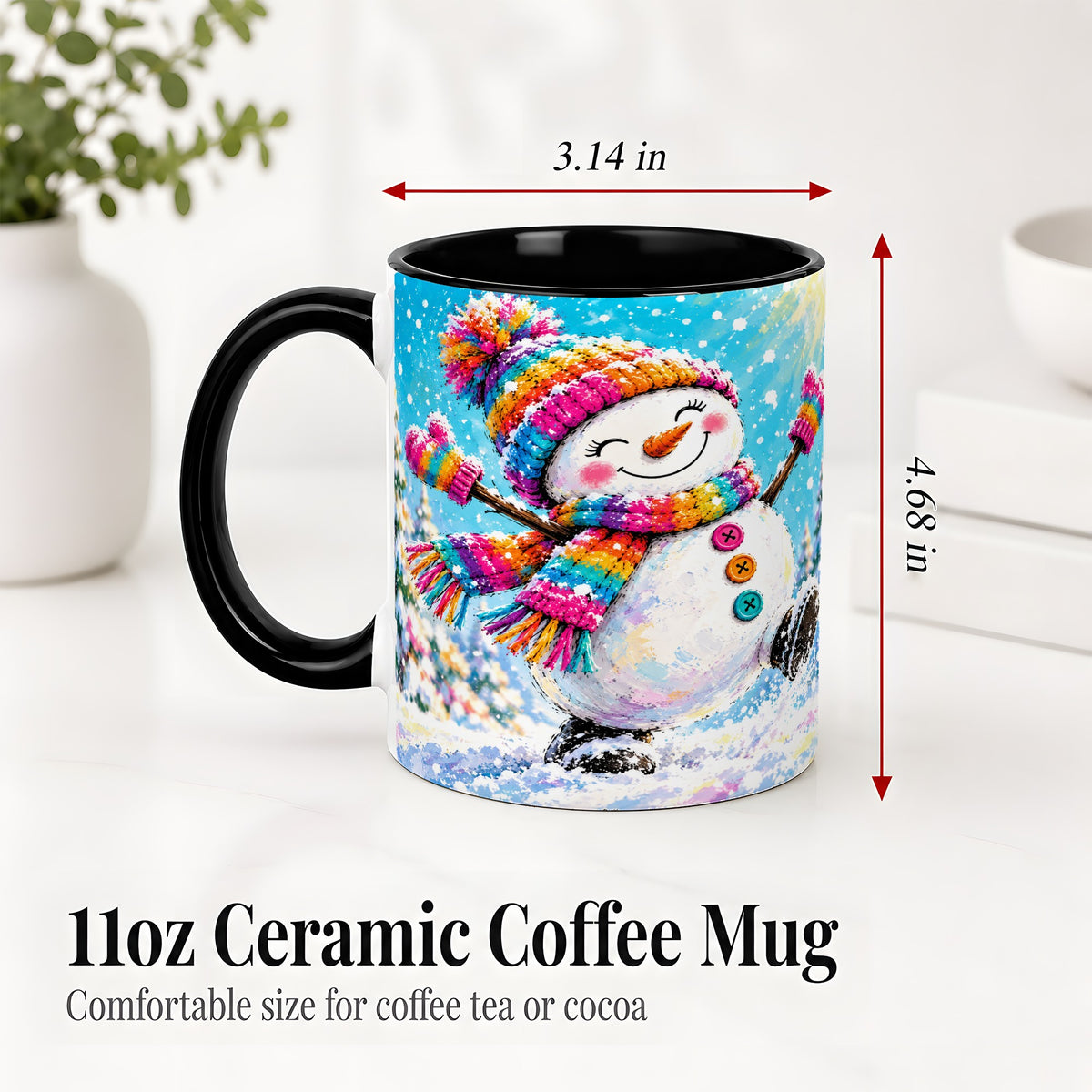 #pl[11oz|Black] Colorful Winter Snowman Ceramic Mug, Snowy Seasonal Artwork