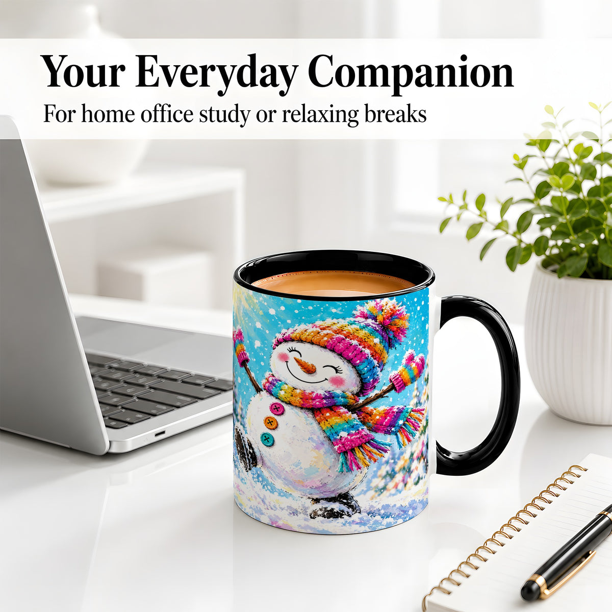 #pl[11oz|Black] Colorful Winter Snowman Ceramic Mug, Snowy Seasonal Artwork