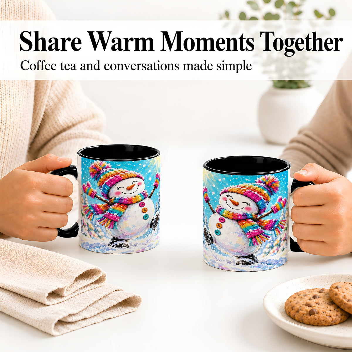 #pl[11oz|Black] Colorful Winter Snowman Ceramic Mug, Snowy Seasonal Artwork