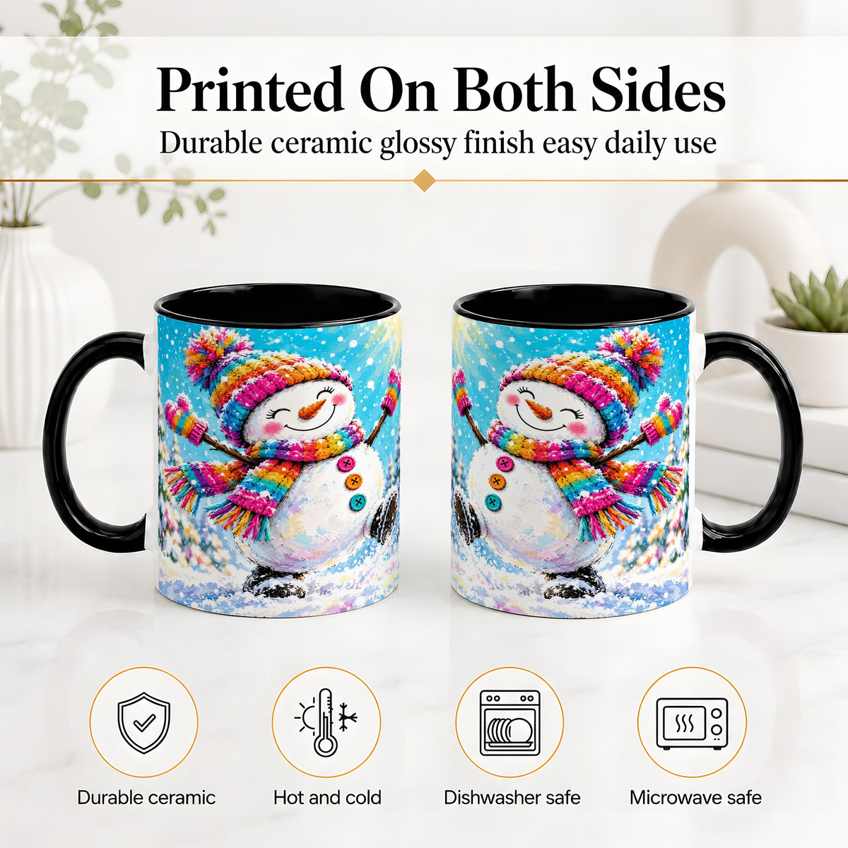 #pl[11oz|Black] Colorful Winter Snowman Ceramic Mug, Snowy Seasonal Artwork