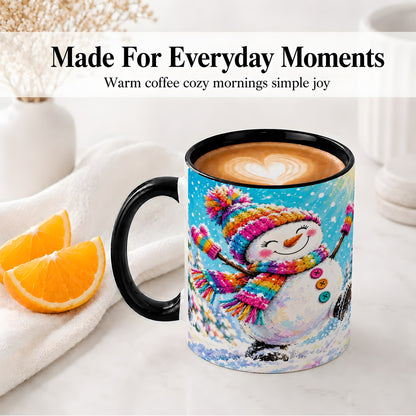 #pl[11oz|Black] Colorful Winter Snowman Ceramic Mug, Snowy Seasonal Artwork