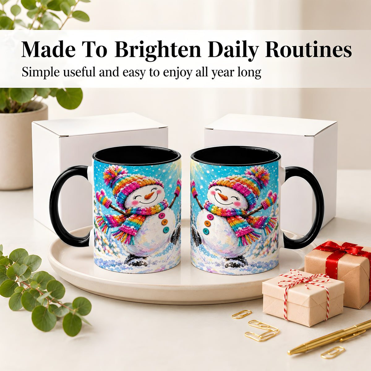 #pl[11oz|Black] Colorful Winter Snowman Ceramic Mug, Snowy Seasonal Artwork