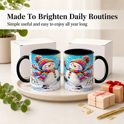 #pl[11oz|Black] Colorful Winter Snowman Ceramic Mug, Snowy Seasonal Artwork